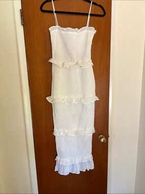 White Smocked Ruffle Midi Dress
